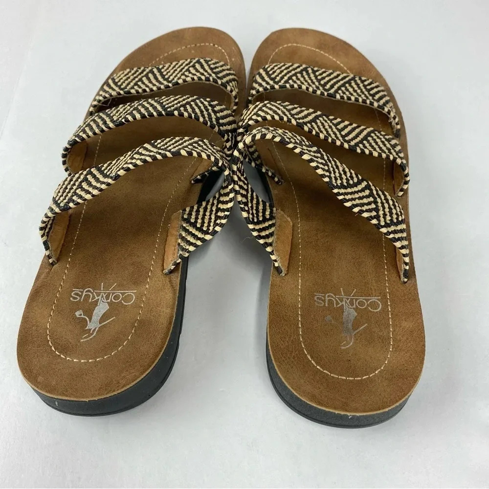 Corkys Womens 10 Dafne 3 Strap Black and Beige Rattan Slide Sandals - Picture 2 of 5